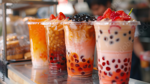 Boba and fruit infused milk tea cups on bar table.