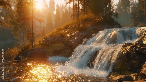 A waterfall tumbling down a hillside as the sun sets, producing a striking backlight and lengthy shadows. 