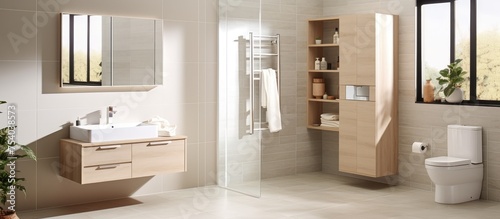 This image showcases a modern bathroom with a toilet, sink, and mirror. The sink is set on a white base cabinet, and the mirror is mounted on the wall above it. © Vusal