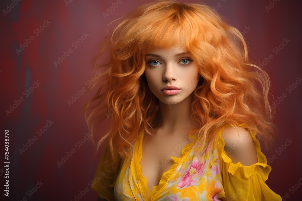 Innocence shines through as a female model poses in adorable, brightly colored clothing, her light makeup and gentle demeanor creating an enchanting atmosphere against a simple backdrop.