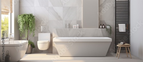 A modern bathroom featuring a tub  toilet  and sink. The toilet is furnished with marble and gray ceramic tiles. The walls  radiator  bowl bidet  and sink are all in white.