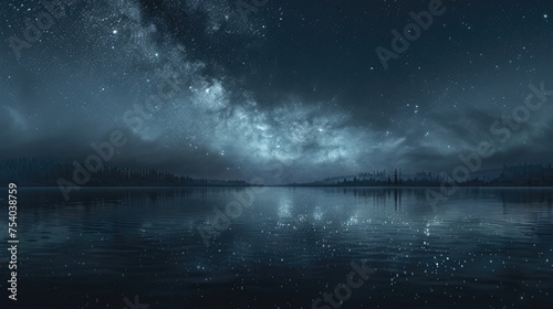 a broad, panoramic view of the Milky Way glowing over a secluded lake, with the reflection of the starry night sky being given movement and texture by the soft waves in the water.  © Muhammad