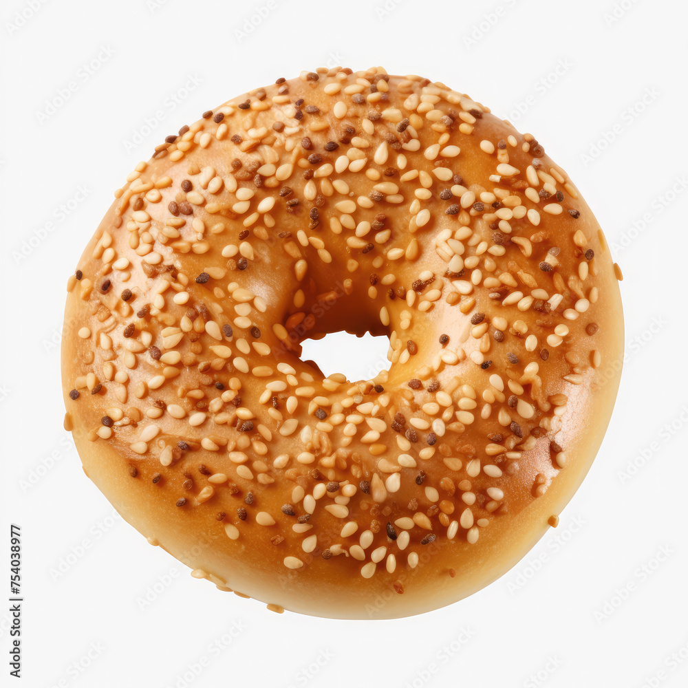Baked bagel bread coated with sesame seeds isolated on white background created with Generative AI Technology