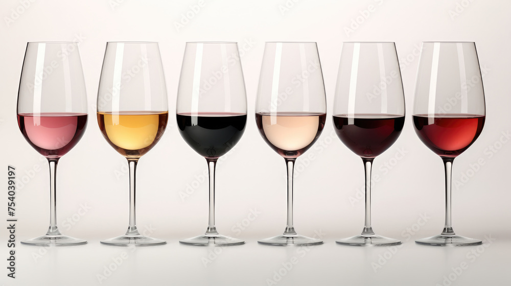 A set of wine glasses neatly arranged with various wines isolated on a white background A set of wine glasses neatly arranged with various wines isolated on a white background