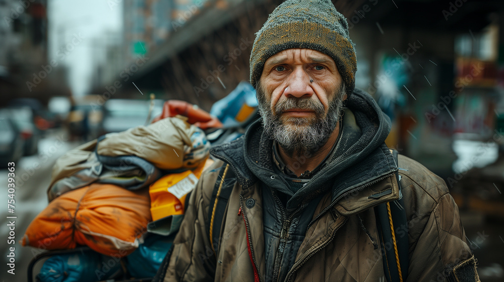 Portrait of middle aged tired homeless man in a city.