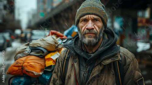 Portrait of middle aged tired homeless man in a city. © Jammy Jean