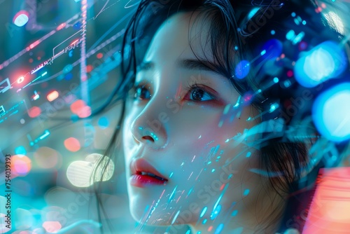 Futuristic Portrait of a Young Woman with Neon Lights and Digital Data Overlay