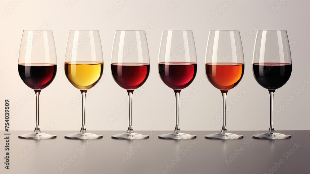 A set of wine glasses neatly arranged with various wines isolated on a white background A set of wine glasses neatly arranged with various wines isolated on a white background