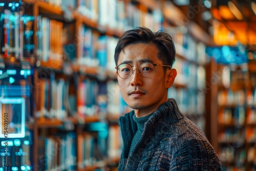 Young Asian Man Wearing Glasses Posing Thoughtfully in Cozy Bookstore Environment with Shelves of Books