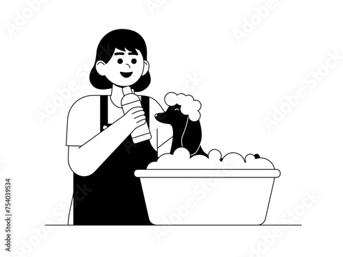 Girl bathe her pet animal. Kids and pet illustration.