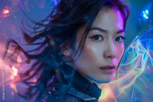 Futuristic Portrait of a Young Woman with Neon Lights and Vivid Colors in a Modern Sci-Fi Setting