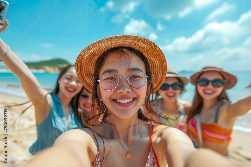 Cheerful Young Women Taking Selfie Together on Sunny Tropical Beach Vacation with Blue Sky