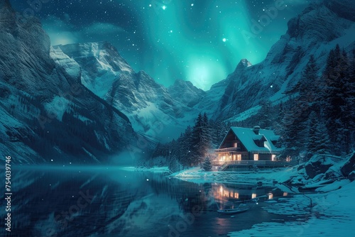 A winter s night dream  with a house on the lake shore bathed in the glow of the Northern Lights  and the mountains cloaked in snow  standing in silent awe. 8k