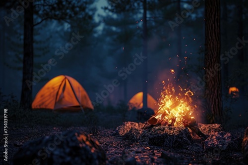Adventure camp scene with a roaring bonfire in the middle of a forest at night, tents pitched in the background. 8k