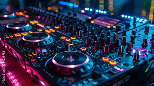 DJ music equipment closeup at night club.
