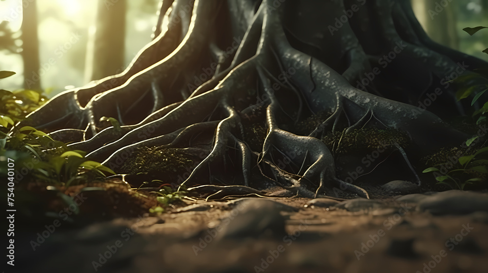 Roots of a big tree close-up background