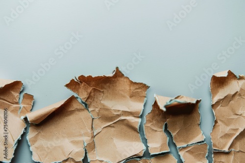 row of unevenly torn brown paper scraps with rough edges, displayed on a clear blue background