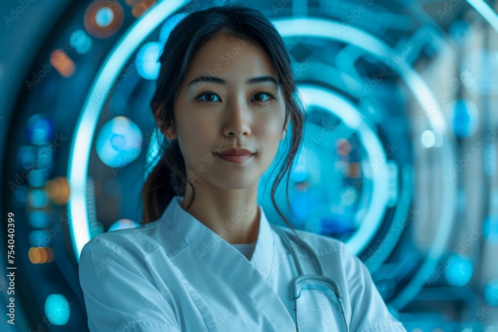 Futuristic Healthcare Professional Standing Confidently in High-Tech Medical Facility Futuristic Healthcare Professional Standing Confidently in High-Tech Medical Facility