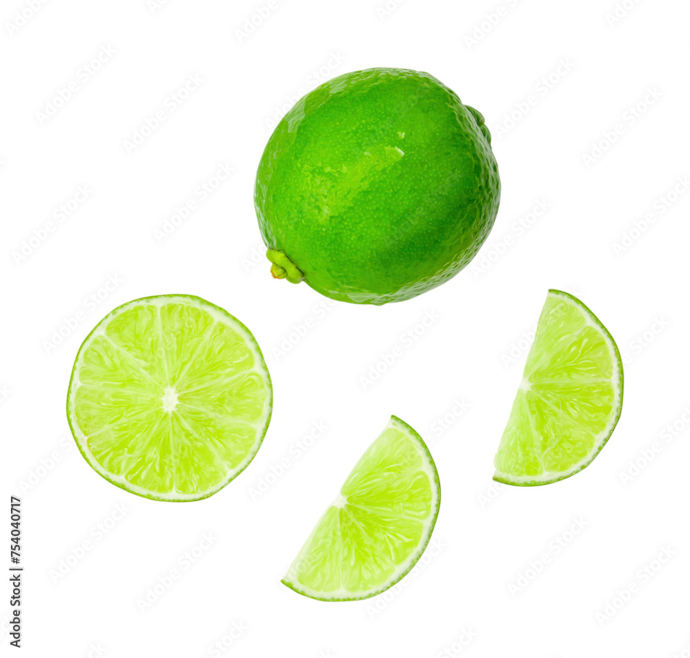 Top view set of fresh green lemon fruit with half and slices or quarters isolated on white background with clipping path