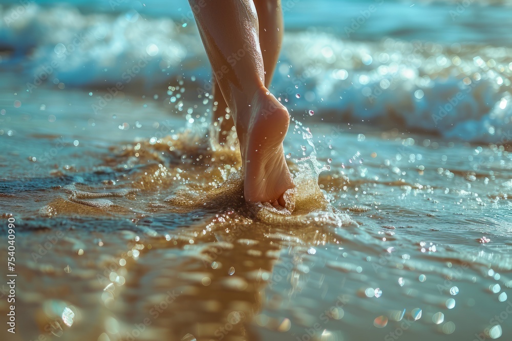 Close-up View of Bare Feet Walking on Sandy Beach Shoreline with Sunlight Reflecting on the Water