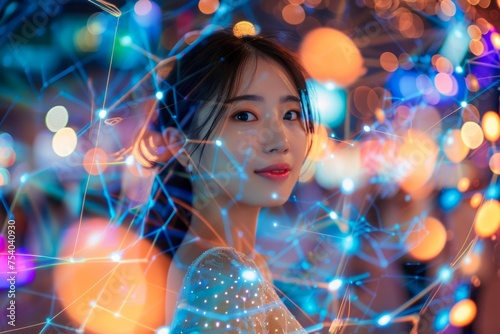 Enchanting Young Woman with Glittering Lights and Bokeh Background in Ethereal Nighttime Setting