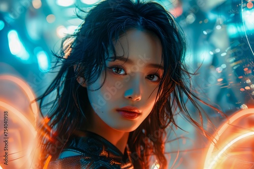 Intense Portrait of Young Woman with Wet Hair backlit by Vivid Blue and Orange Bokeh Lights