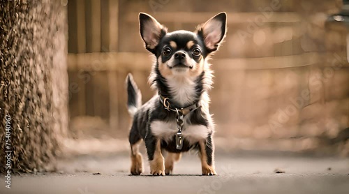 cinematic scene of black chihuahua dog with blur background photo