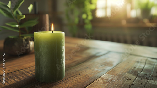 A calming sage green candle placed on a clean, wooden surface, bringing a natural element into the room.