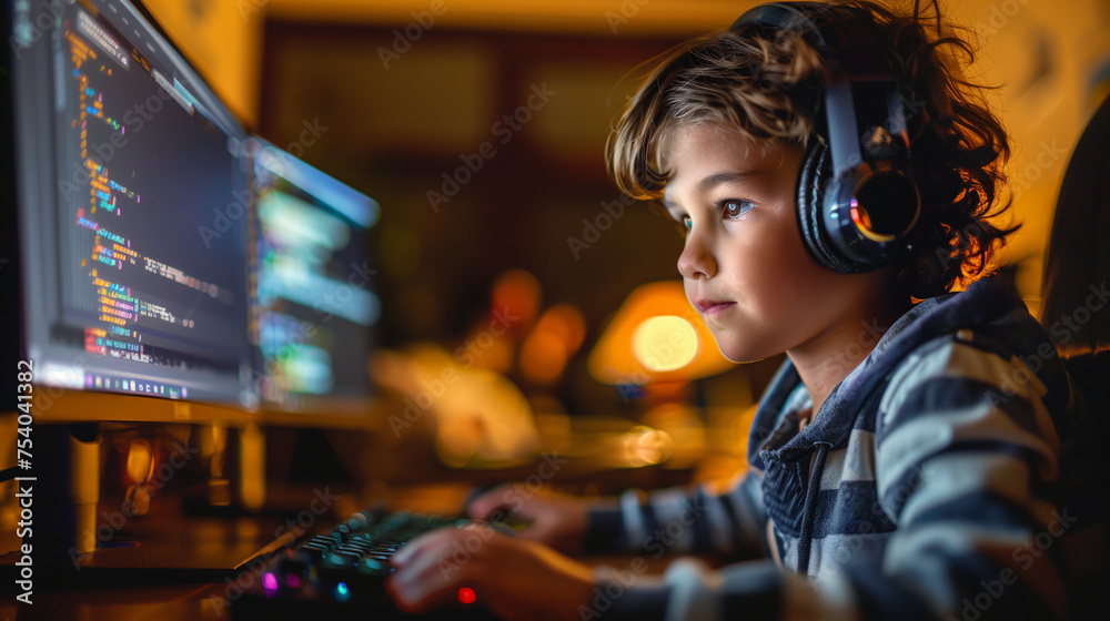 Obraz premium Young boy coding and programming using desktop computer indoors.