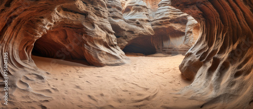The cave entrance of the large room is a winding rocky cliff cave with a sandy floor near the beach
