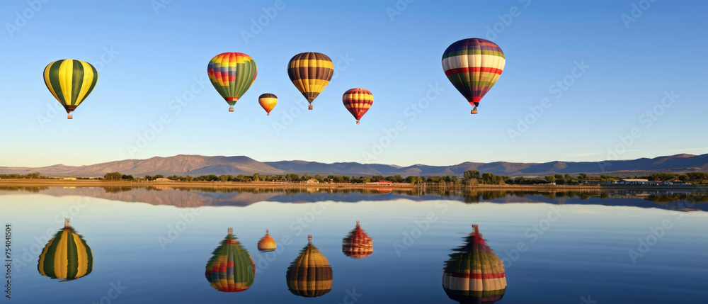 Fototapeta premium landscape view of colorful hot air balloons floating in the air and reflecting on the surface of a calm lake with green hills and clear blue sky in the background