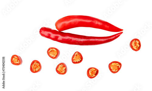 Top view set of red chili pepper with slices isolated with clipping path in png file format