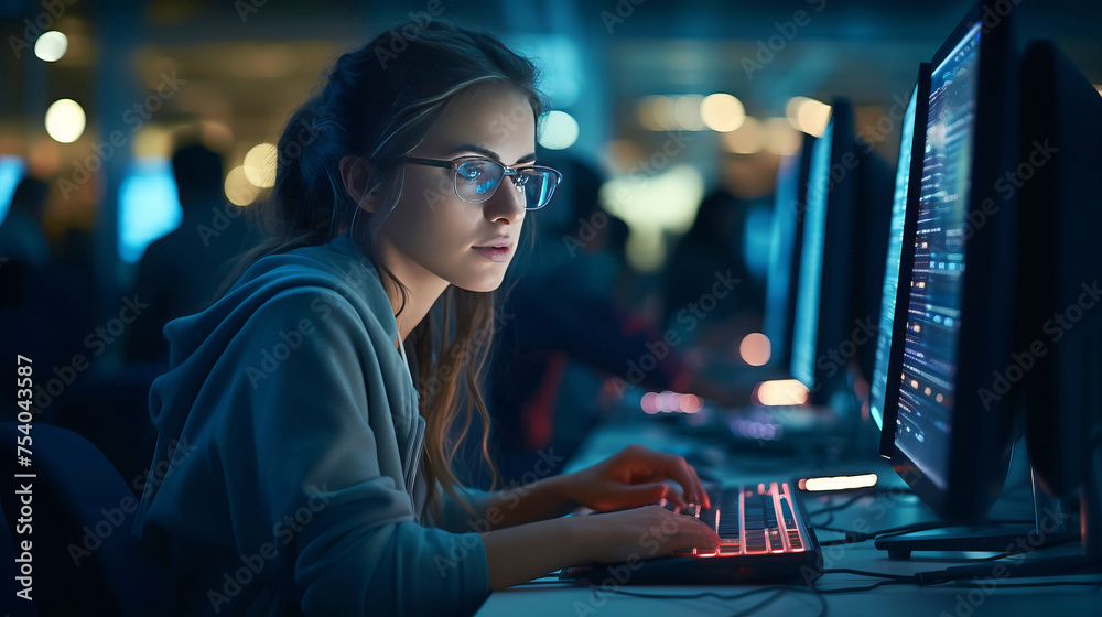 A young beautiful girl programmer works in the office in the evening A young beautiful girl programmer works in the office in the evening