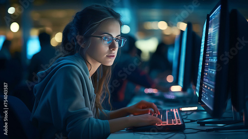 A young beautiful girl programmer works in the office in the evening