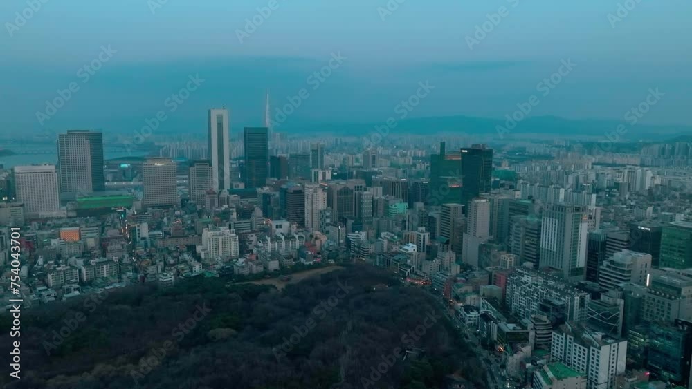 Drone View of Seoul city in South Korea, Gangnam road,
winter, sunset Drone View of Seoul city in South Korea, Gangnam road,
winter, sunset