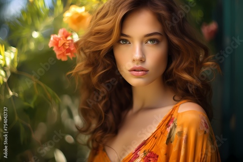 Innocence and purity radiate from a female model as she poses in her charming, brightly colored clothing, her light makeup enhancing her natural beauty against a serene background.