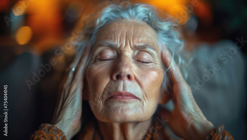 Elderly Woman is Having Headaches and Holding Her Head Pain extreme closeup. Generative AI