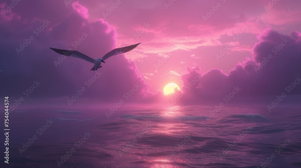 Obraz premium An ethereal sunset with rich lavender and pink hues over the sea, with the silhouette of an albatross adding to the scene's tranquility. 8k