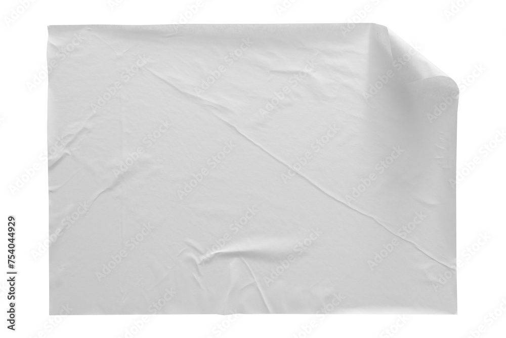 crumpled white paper texture , wrinkled poster template ,blank glued creased paper sheet mockup. white poster mockup on wall. empty paper mockup png, clipping path. - obrazy, fototapety, plakaty 