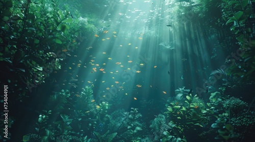 Fototapeta Naklejka Na Ścianę i Meble -  An ethereal underwater scene illuminated by natural light, showcasing a tranquil coral garden with a variety of reef fish swimming in harmony