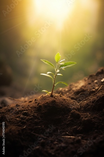 Young green pepper plant growing in a black fertility soil. Top view  overhead. Vegetable seedling is in the fertile dirt. Gardening mock up. Farm mockup with free space for text. Planting ground.