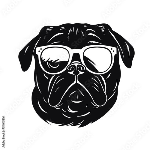 cute funny pug wearing sunglasses illustration, cool pug sketch