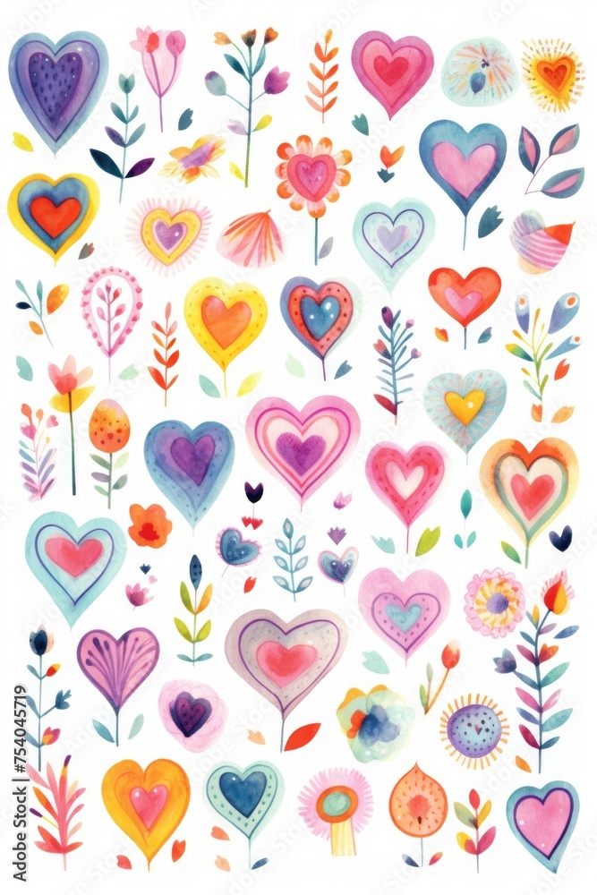 Pattern watercolor pink hearts, texture, background