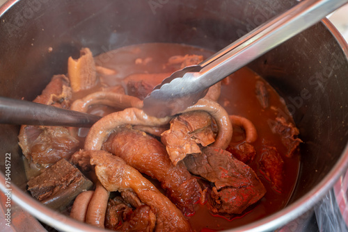 Delicious beef offal in a pot