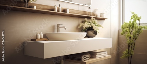 A modern white sink is positioned under a mirrored bathroom cabinet. The sink is clean and shining, reflecting the rooms lighting.