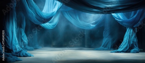 A stage is set with blue drapes and curtains framing the performance area.