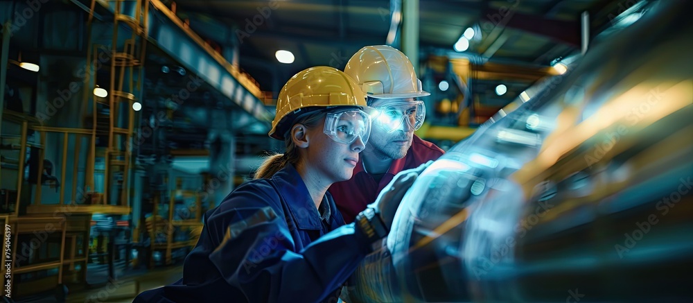 Engineer and factory worker working together in a factory. Industry and engineering concept.