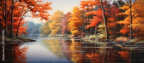 A painting depicting a river flowing through a landscape of majestic trees during autumn. The fall foliage adds a burst of color to the scene, creating a sense of tranquility. The serene evening