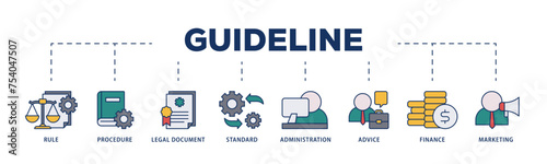 Guideline icons process structure web banner illustration of rule, procedure, legal document, standard, administration, advice, finance, marketing icon live stroke and easy to edit 
