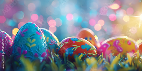 Several colorful easter eggs lie in the spring among the green grass and flowers